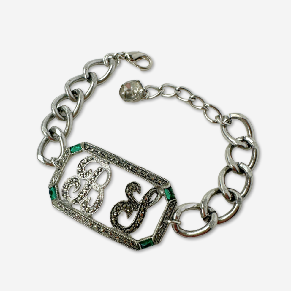Refashioned vintage art deco marcasite B.S. monogram bracelet