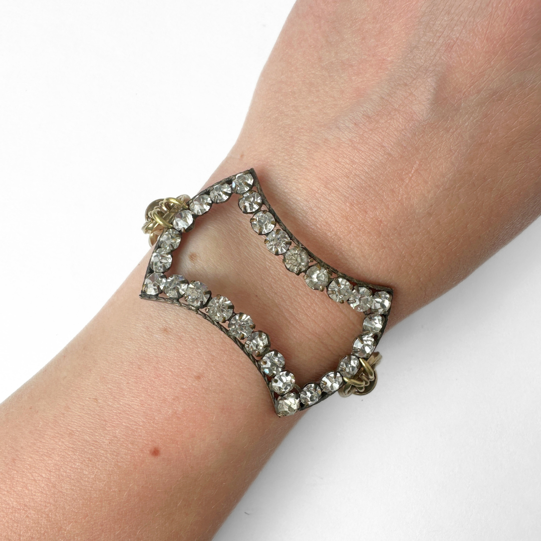 Repurposed vintage Rhinestone open buckle bracelet with brass chain