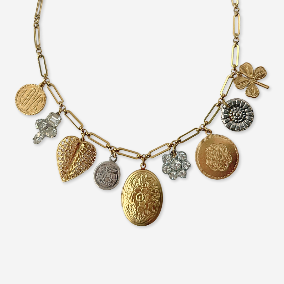 Gold locket and rhinestone repurposed vintage charm necklace