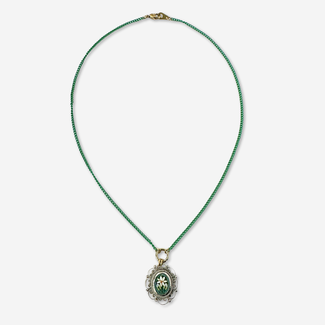 Vintage micro-mosaic flower pendant on thin green curb chain