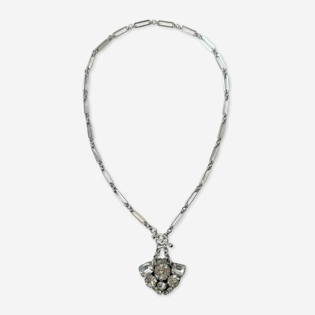 Vintage clear rhinestone pendant with silver plated oval link chain