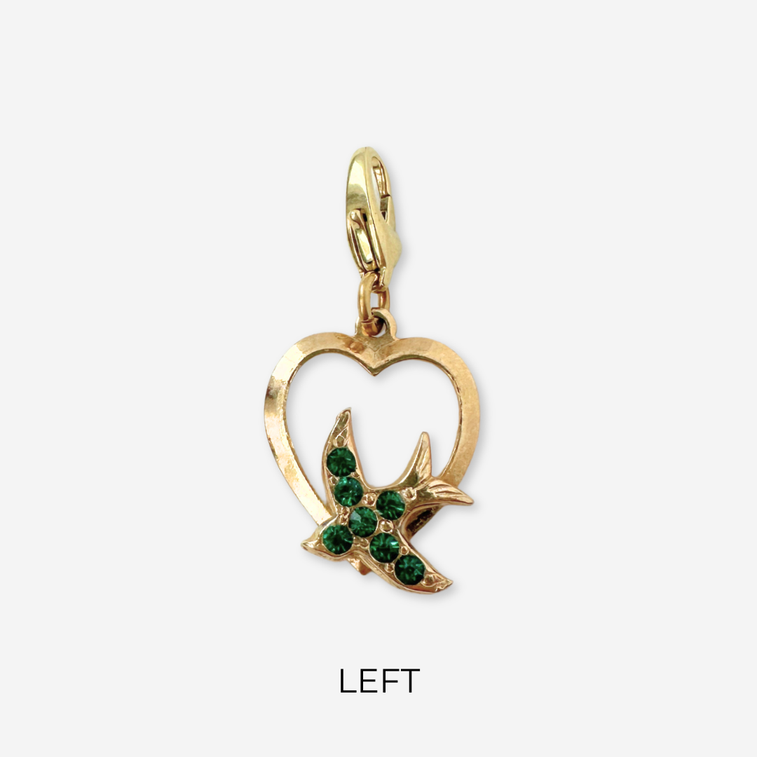 Vintage small gold heart charm with green rhinestone bird
