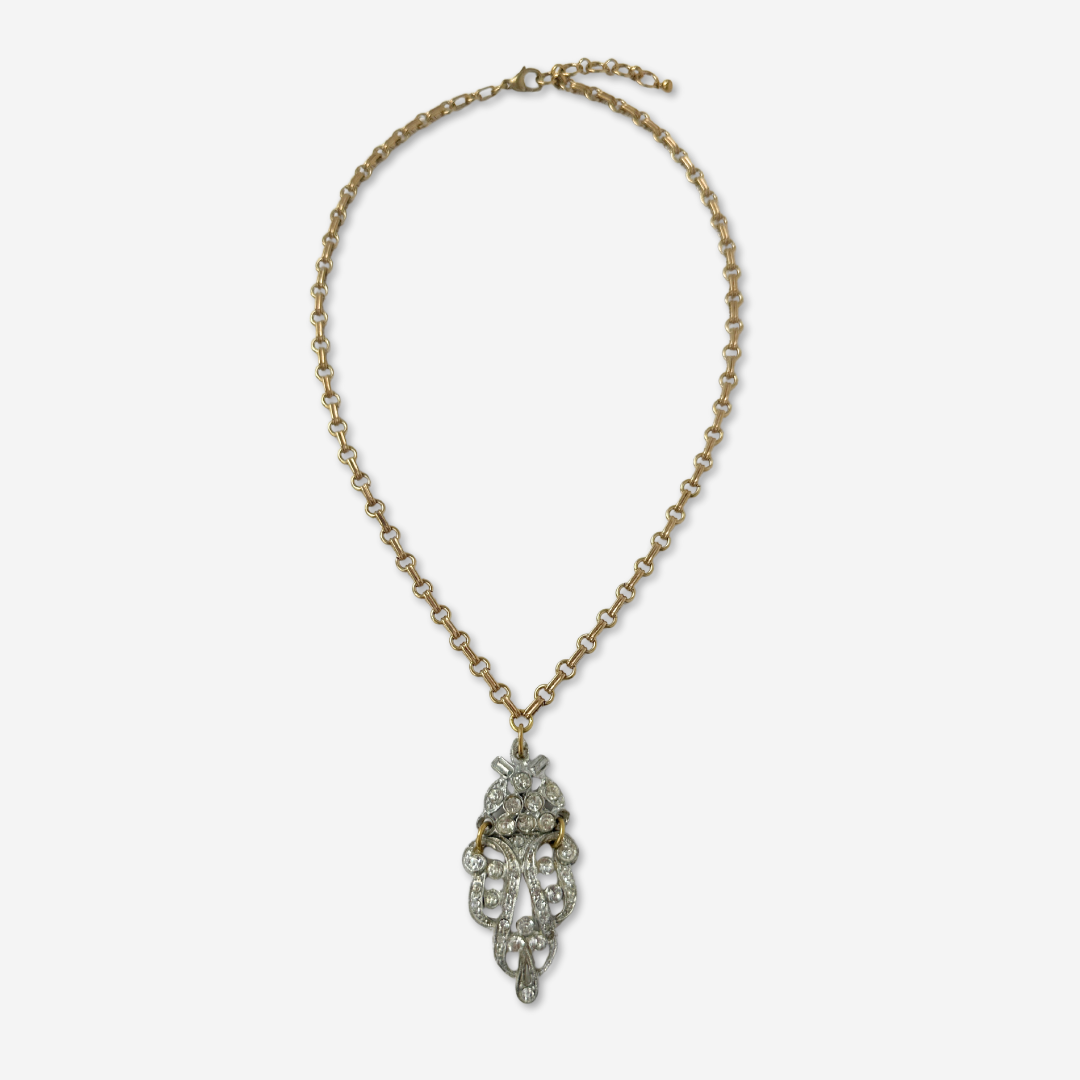Refashioned 2-pc vintage art deco rhinestone and brass pendant assemblage necklace