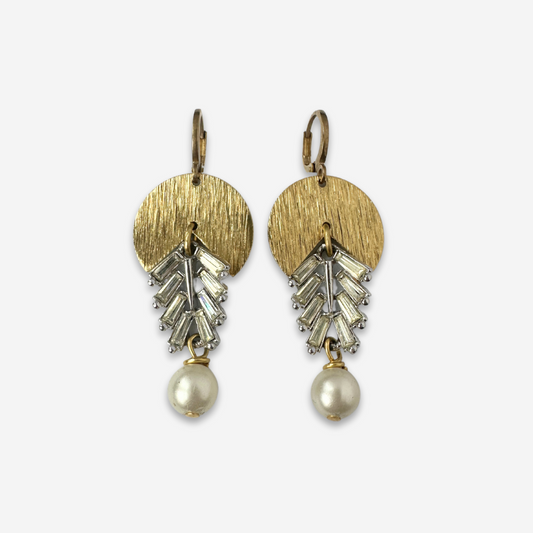 Refashioned vintage clear rhinestone leaf earrings with brass wedge and pearl drop