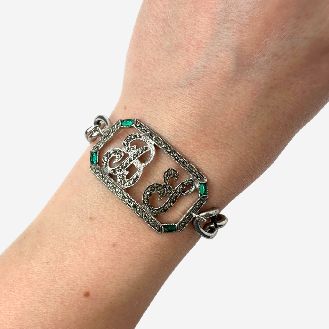 Refashioned vintage art deco marcasite B.S. monogram bracelet