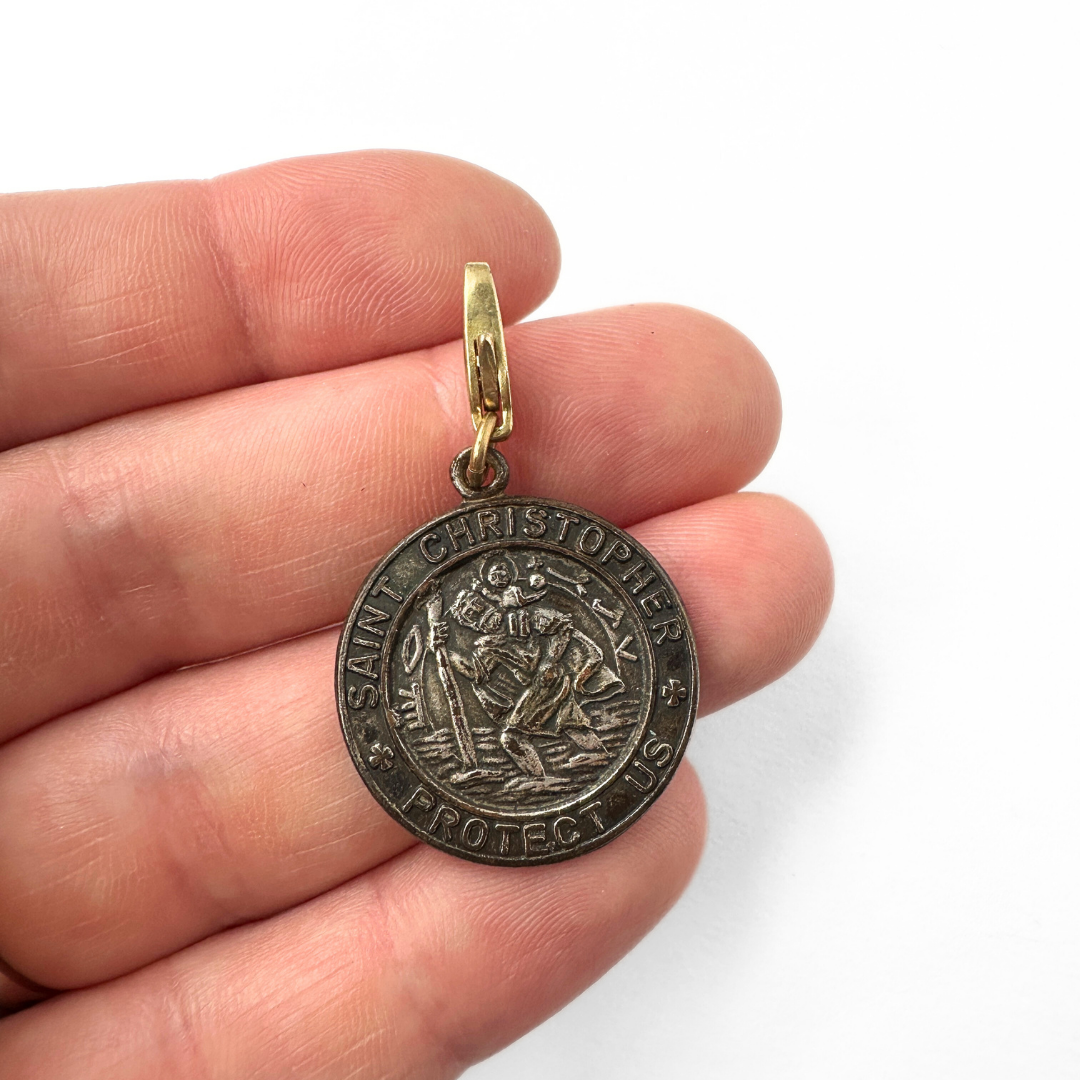 Vintage aged silver Saint Christopher circular charm pendant