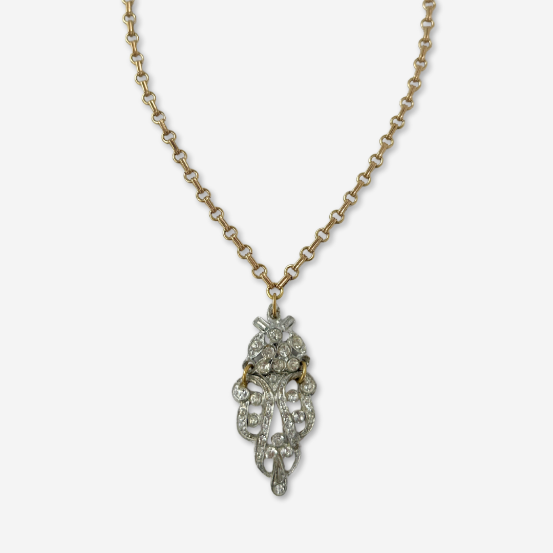 Refashioned 2-pc vintage art deco rhinestone and brass pendant assemblage necklace