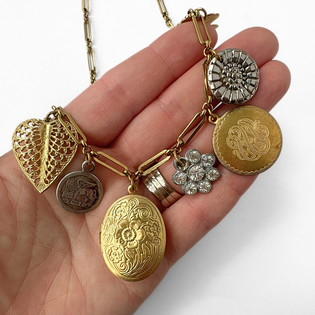 Gold locket and rhinestone repurposed vintage charm necklace