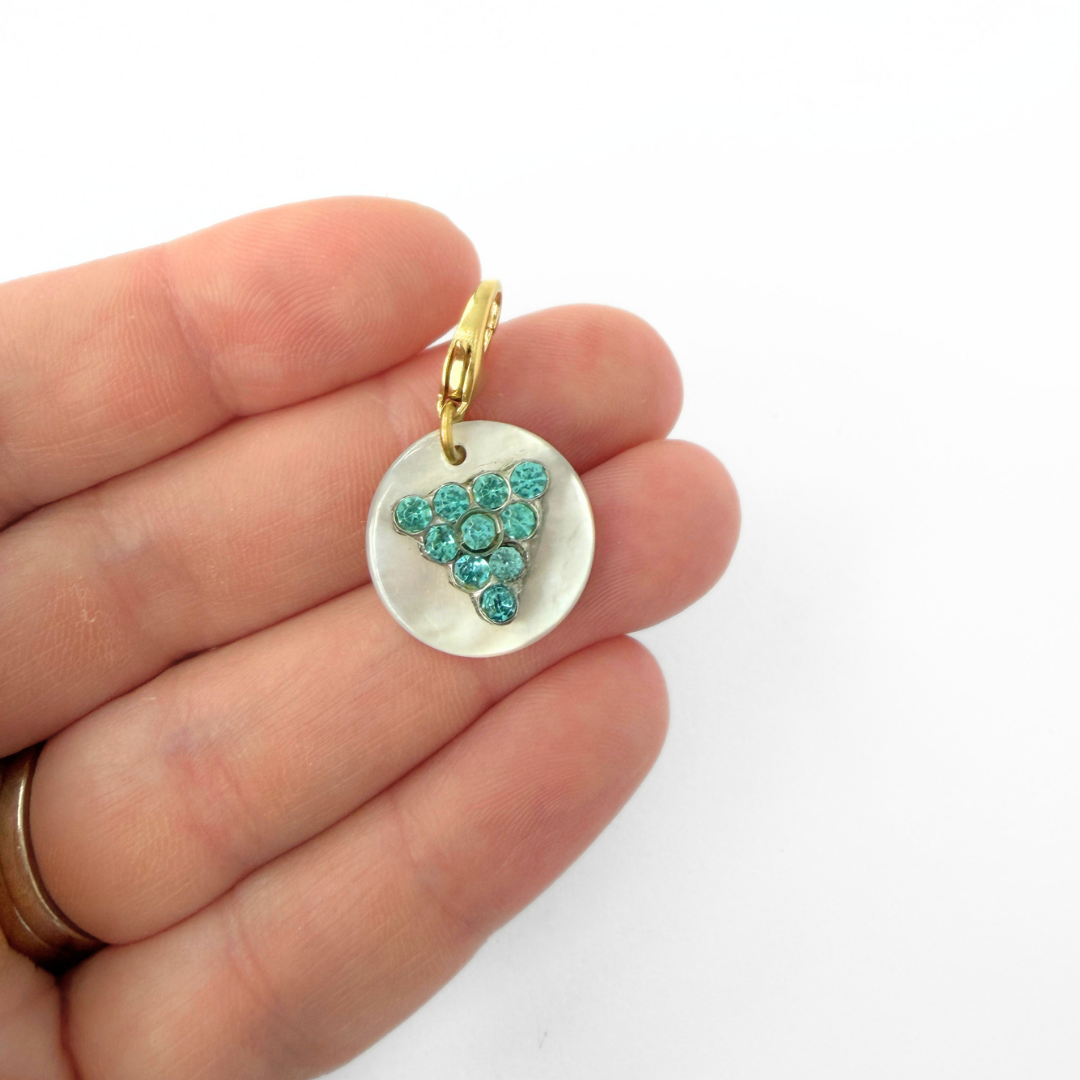 Vintage mother of pearl and aqua blue rhinestone button charm