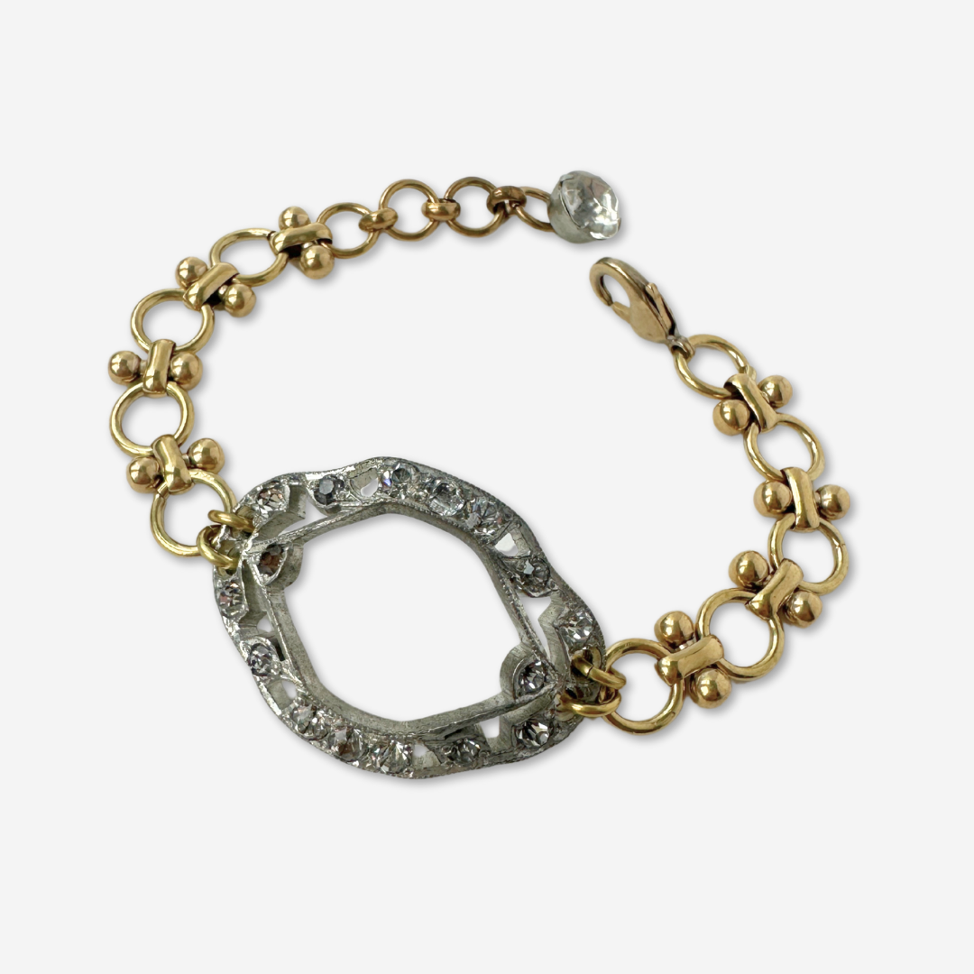 Refashioned vintage clear rhinestone buckle bracelet with brass chain