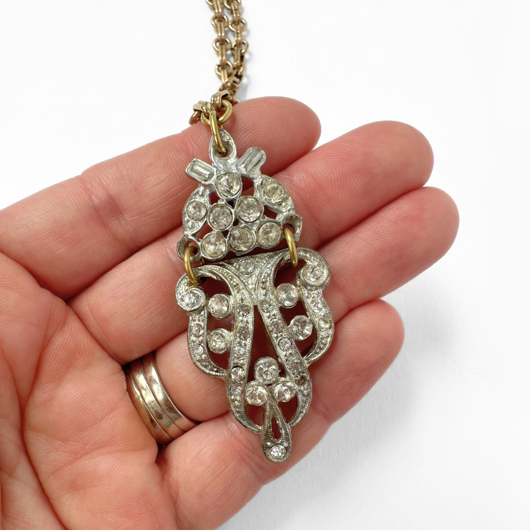 Refashioned 2-pc vintage art deco rhinestone and brass pendant assemblage necklace