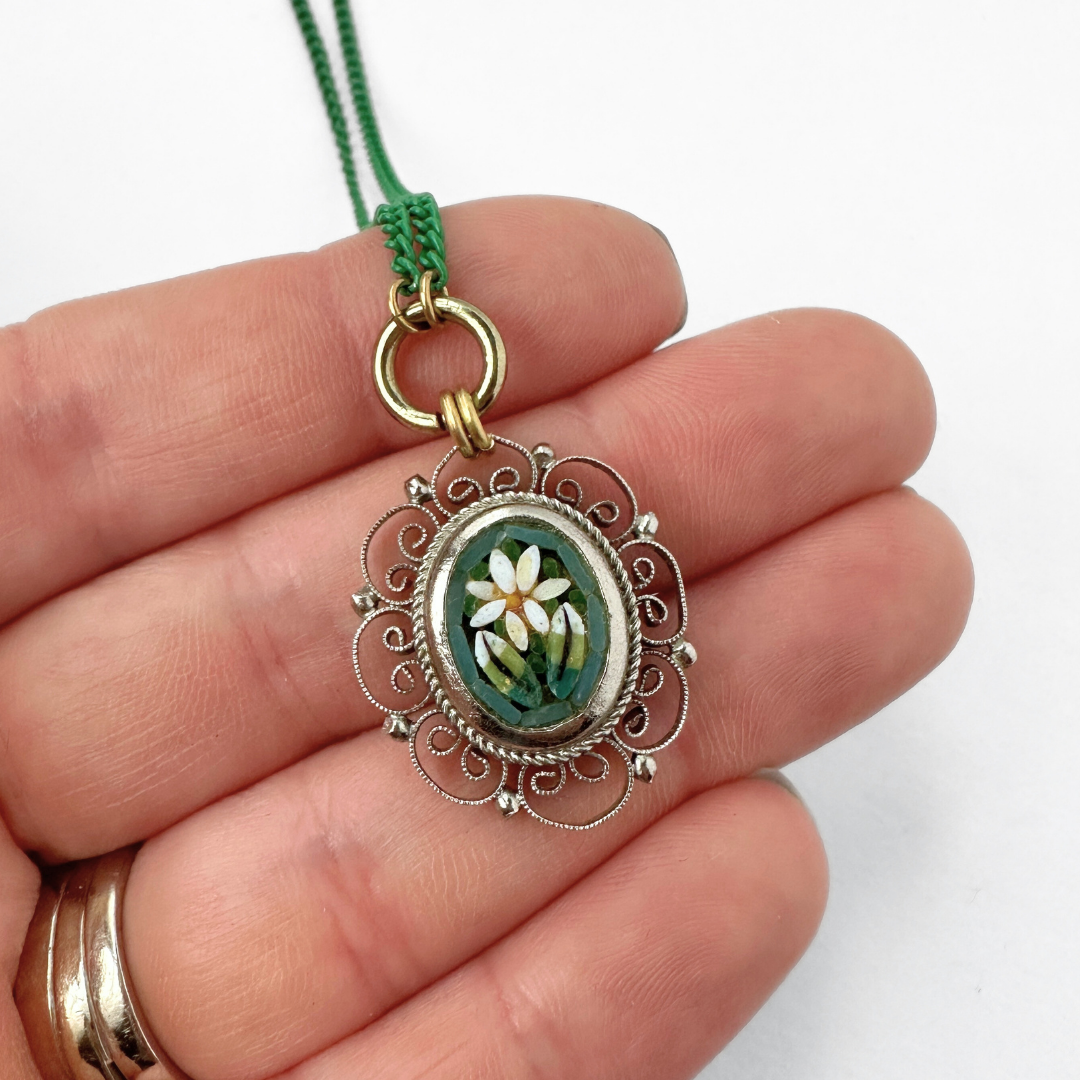Vintage micro-mosaic flower pendant on thin green curb chain