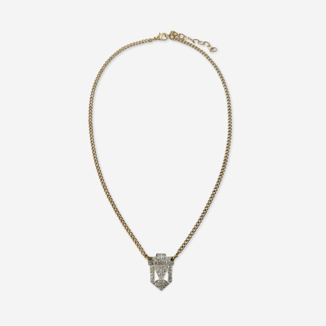 Small clear vintage rhinestone deco pendant on thin chain