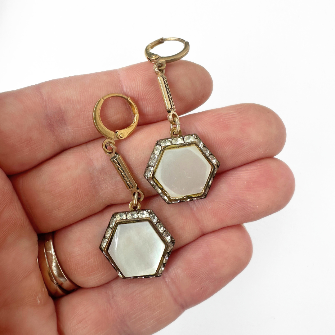 Refashioned vintage hexagonal mother of pearl drop earrings
