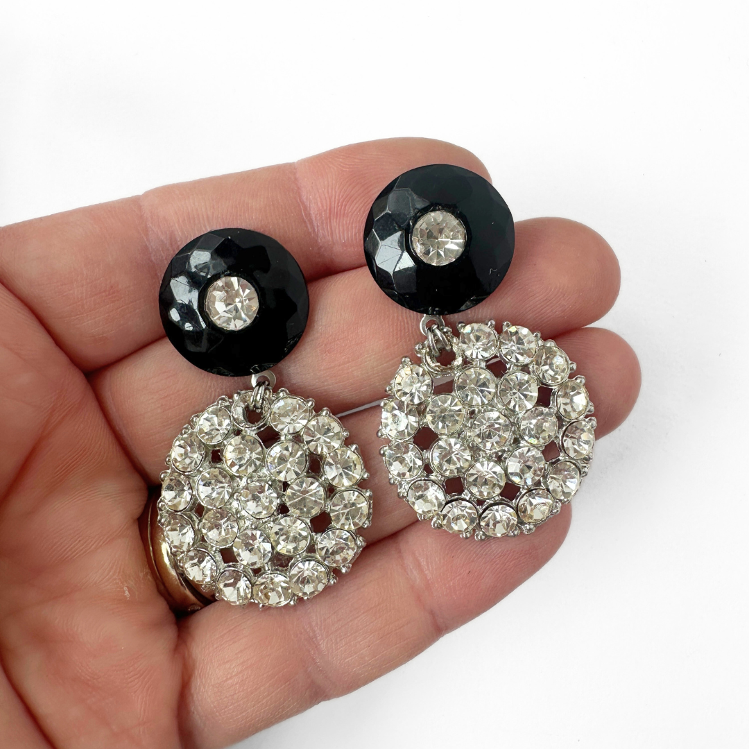 Refashioned clear rhinestone and black oversized button earrings