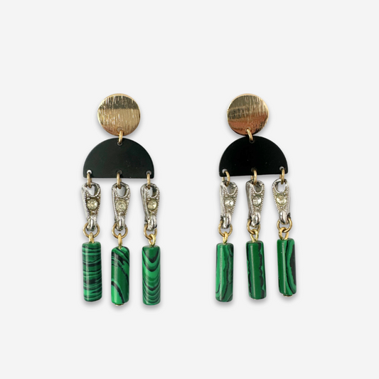 Refashioned vintage black, green malachite, and rhinestone fringe earrings