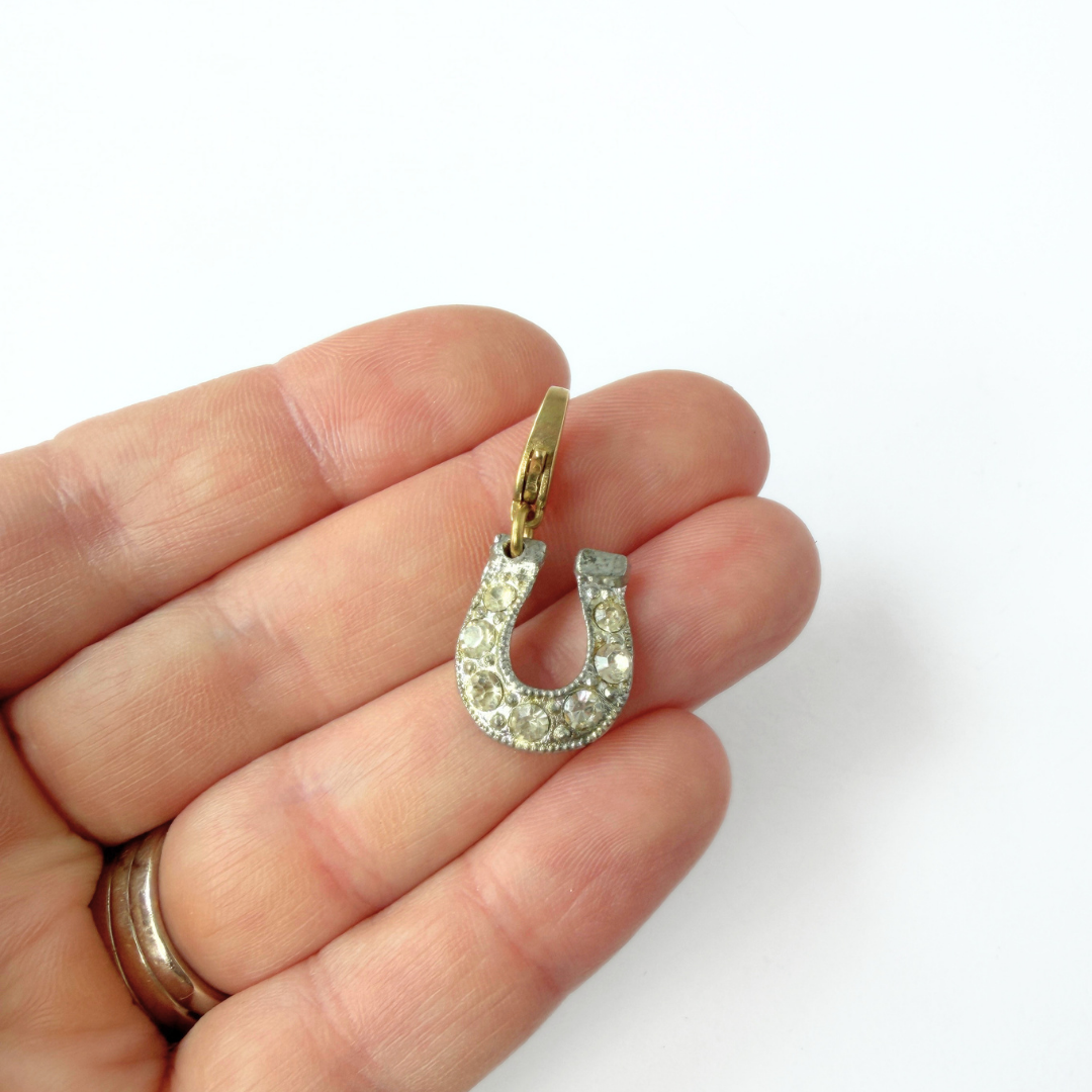 Vintage silver tone clear rhinestone horseshoe charm