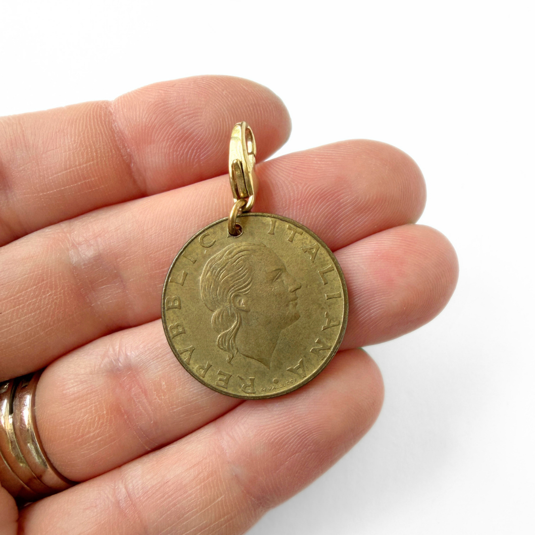 Vintage aged brass tone Italian Lire Coin Charm