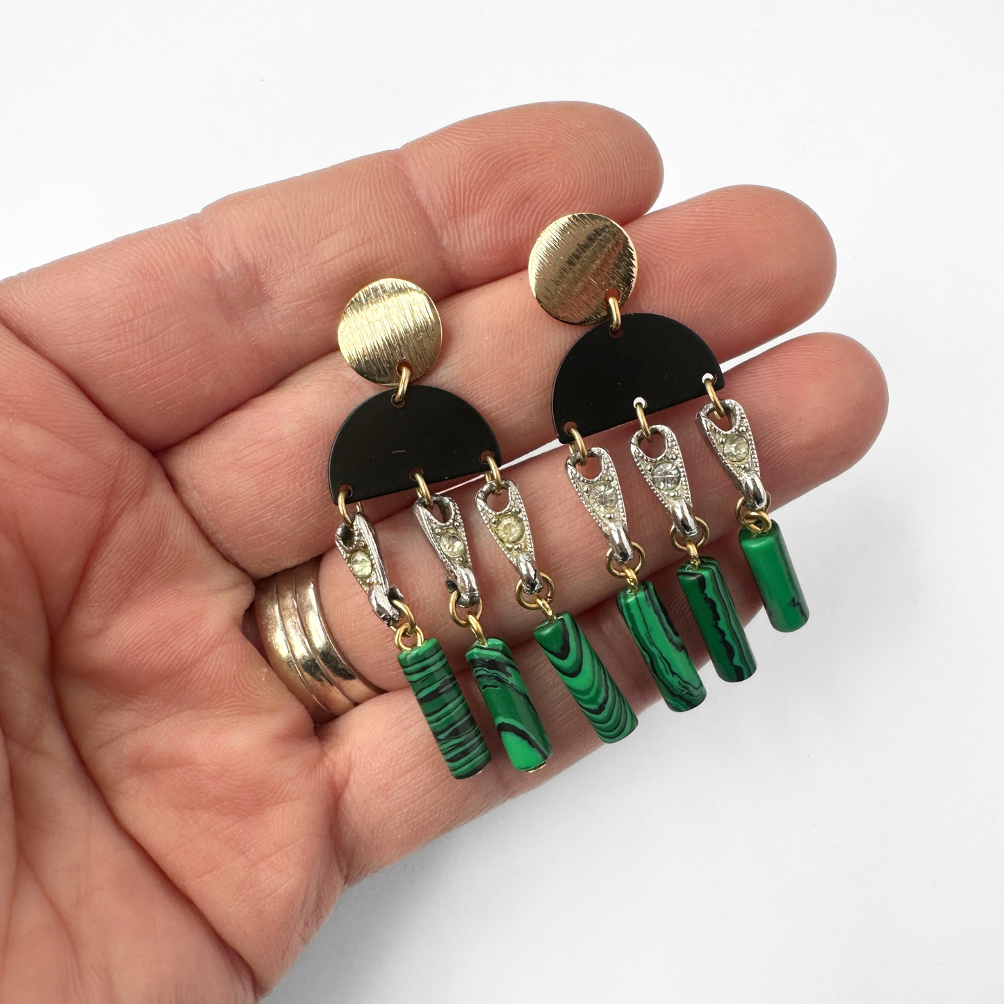 Refashioned vintage black, green malachite, and rhinestone fringe earrings