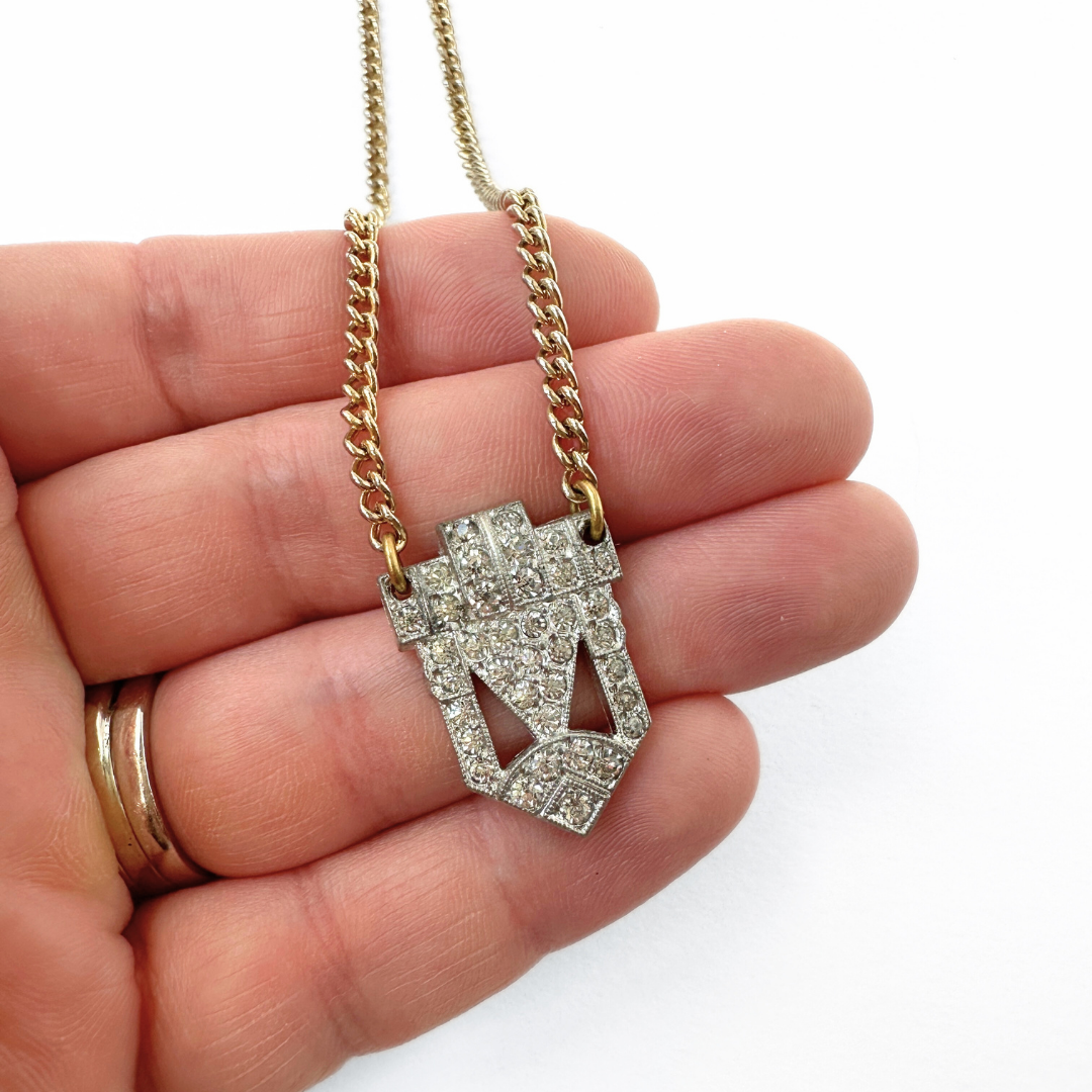 Small clear vintage rhinestone deco pendant on thin chain