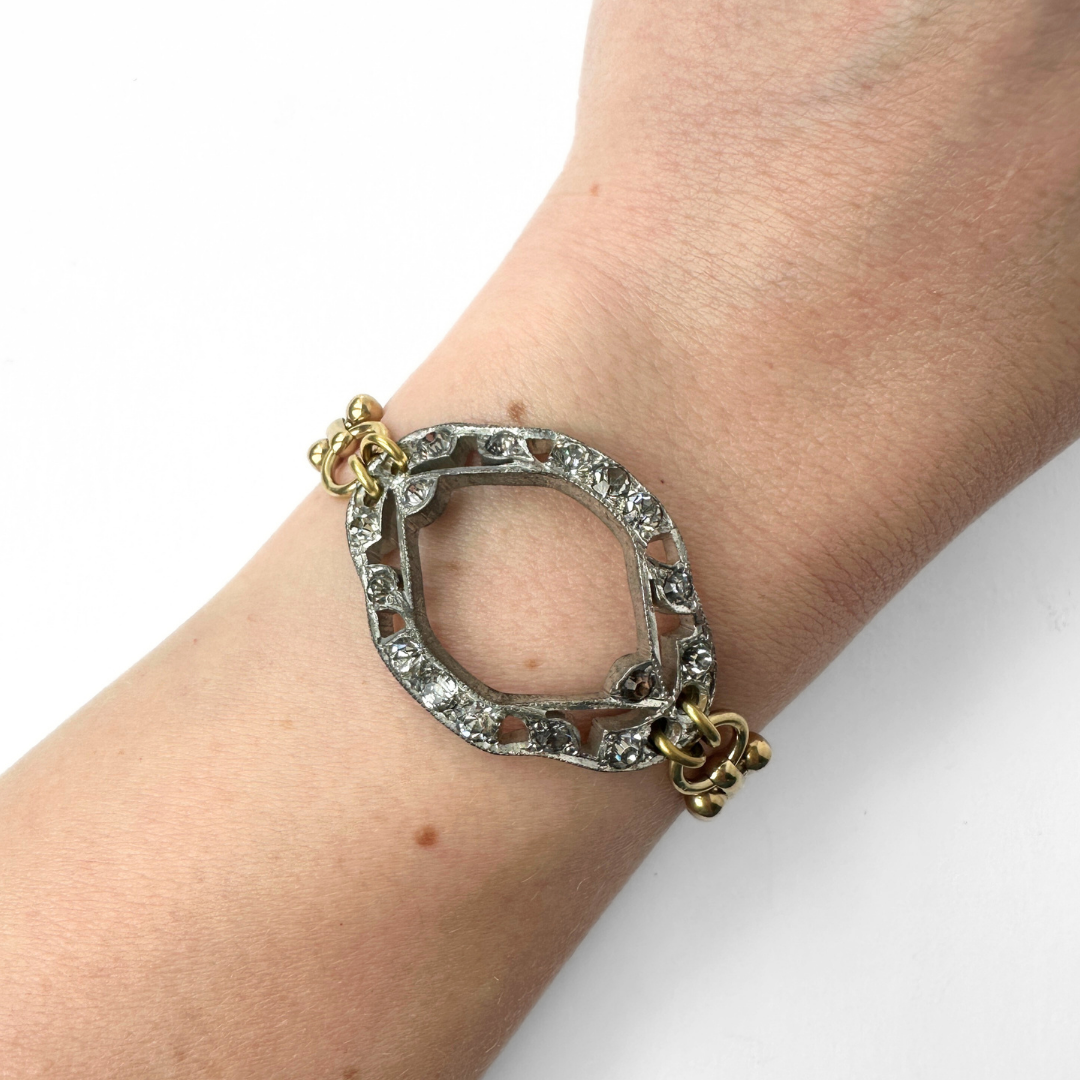 Refashioned vintage clear rhinestone buckle bracelet with brass chain