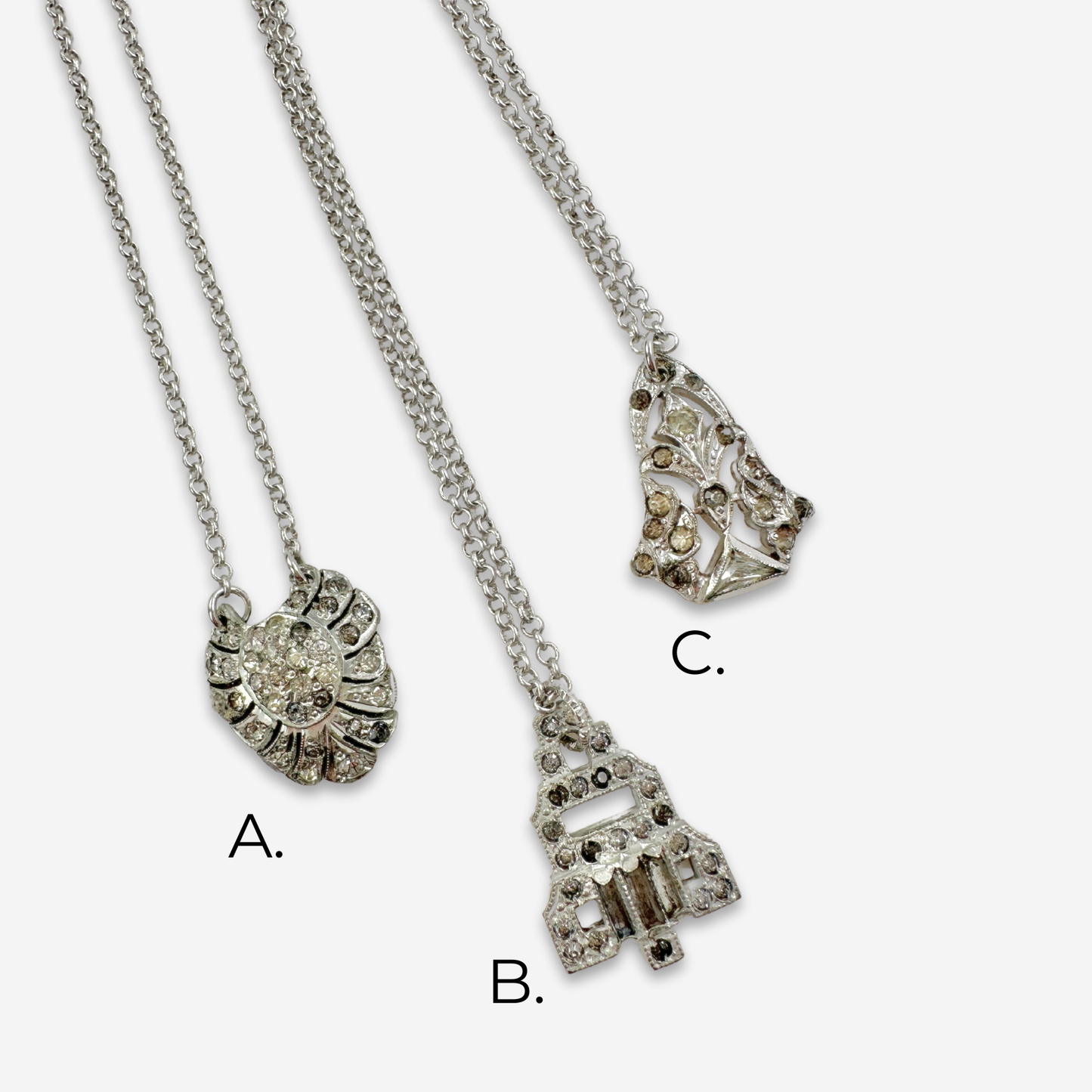Small clear vintage rhinestone deco pendant on silver chain: choice