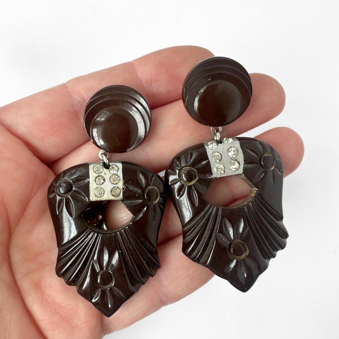 Large brown refashioned vintage carved acrylic drops with rhinestone accent