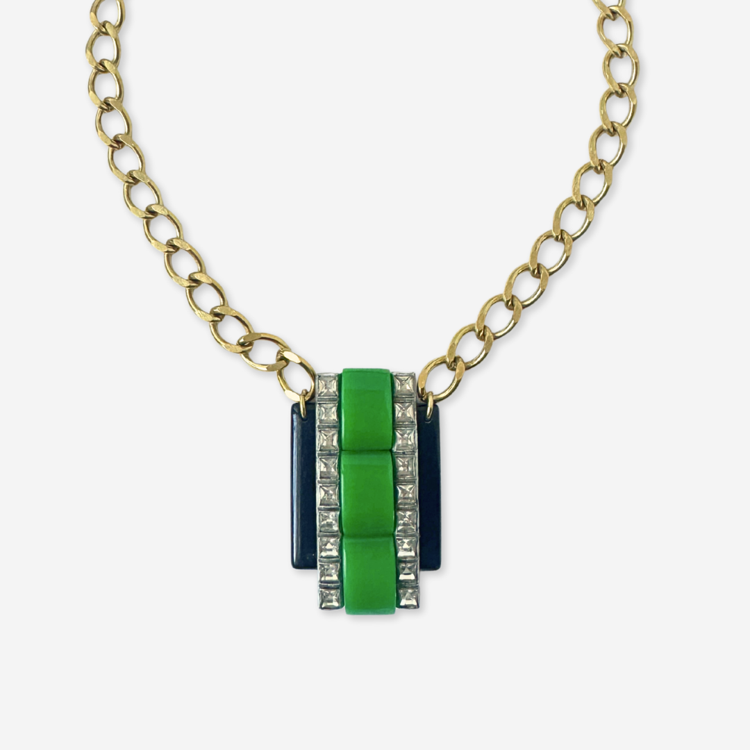 Repurposed Vintage black, green, and clear rhinestone deco assemblage necklace