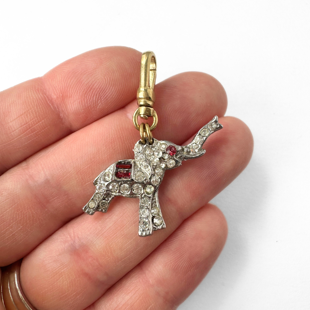 Vintage red and clear rhinestone elephant charm pendant
