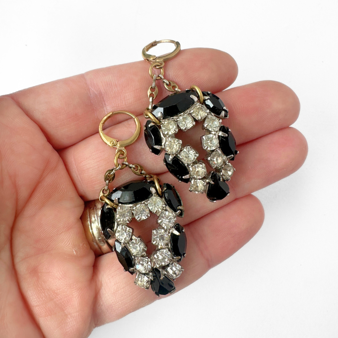 Vintage large clear and black rhinestone drop earrings with brass chain
