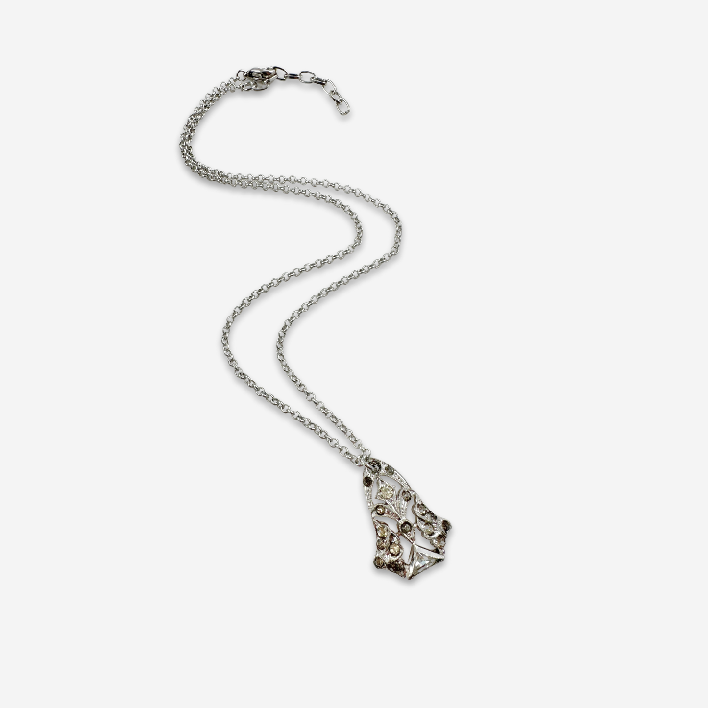 Small clear vintage rhinestone deco pendant on silver chain: choice