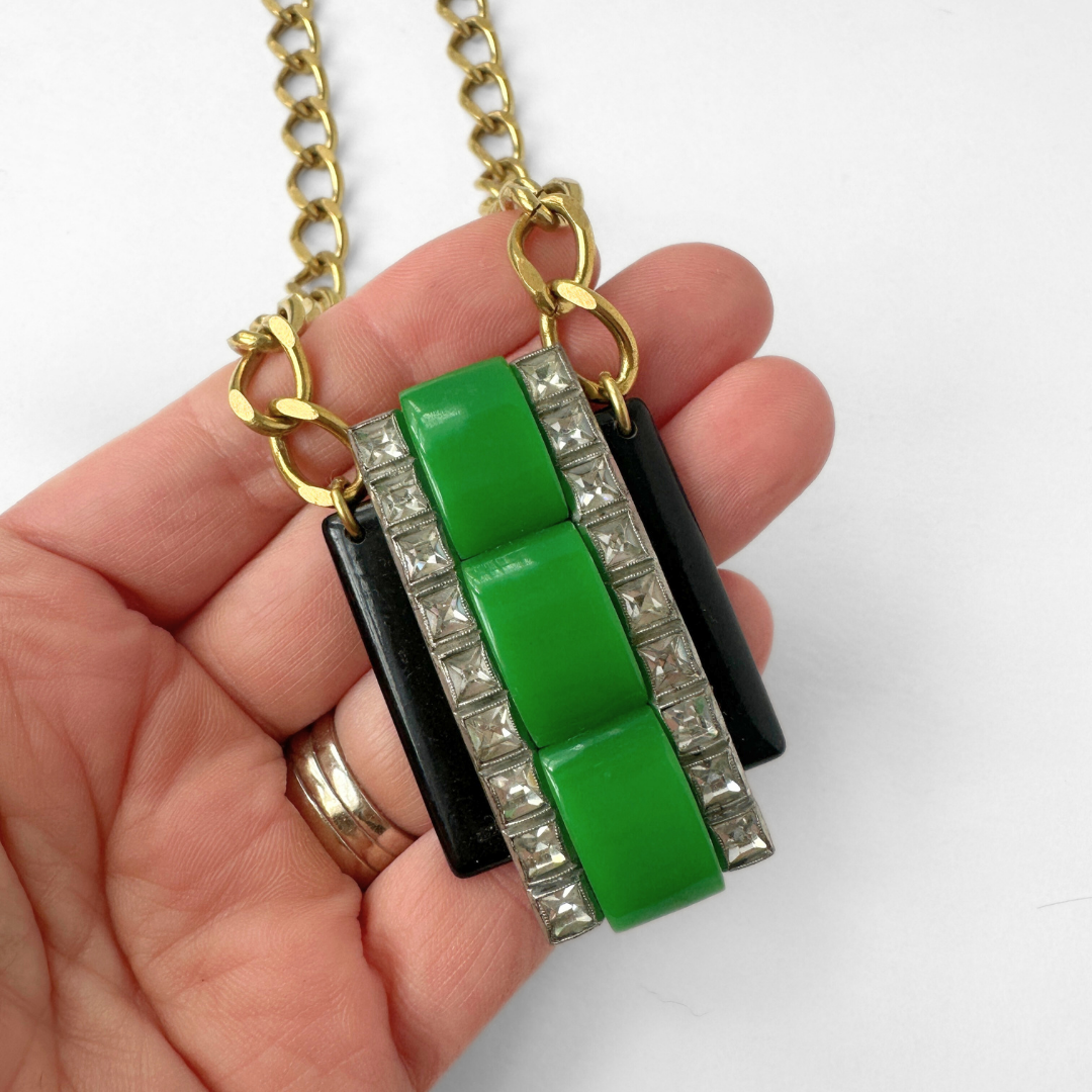 Repurposed Vintage black, green, and clear rhinestone deco assemblage necklace