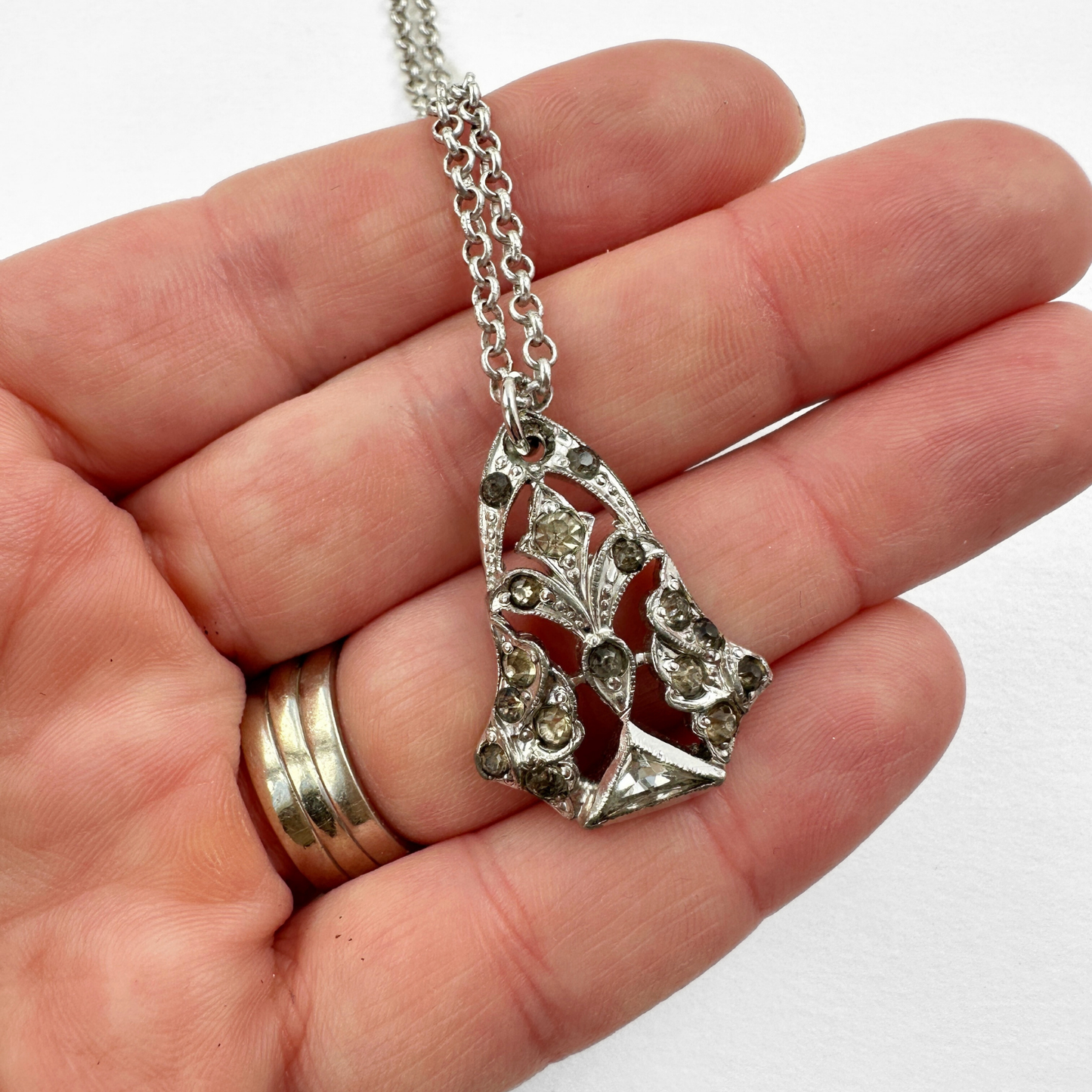 Small clear vintage rhinestone deco pendant on silver chain: choice
