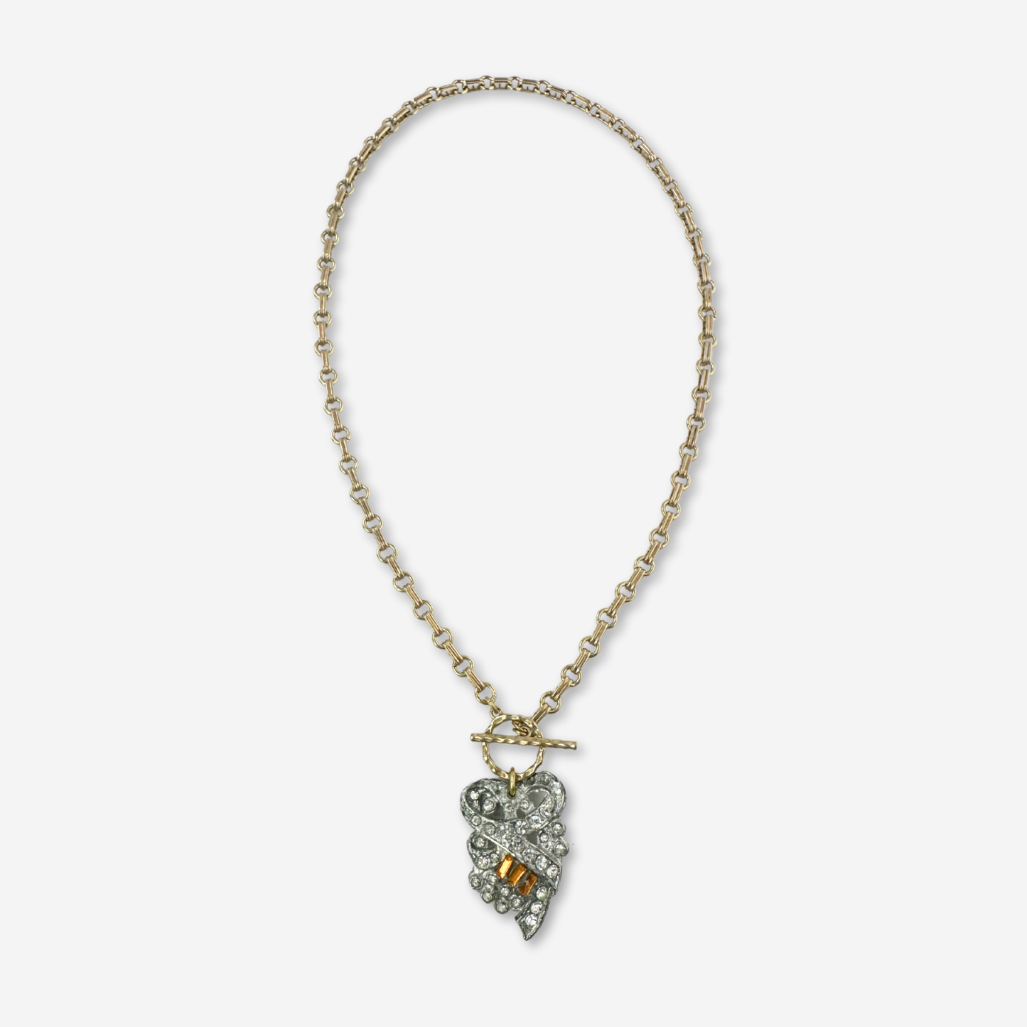 Vintage art deco rhinestone topaz rhinestone pendant with brass chain and toggle clasp