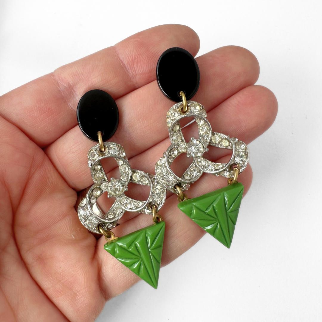 Large refashioned vintage green, black, and rhinestone statement earrings