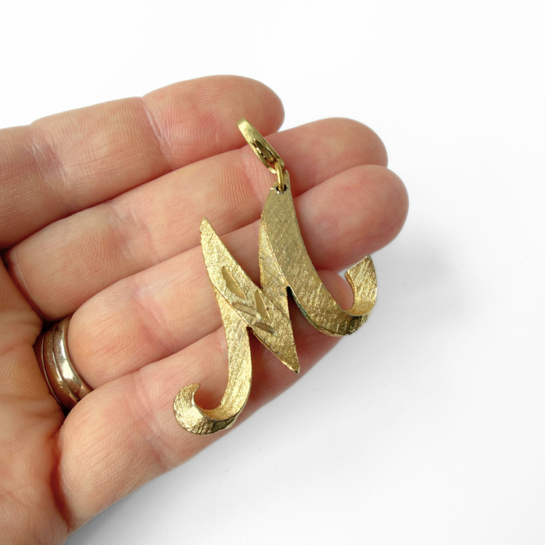 Large repurposed vintage gold tone "M" monogram charm