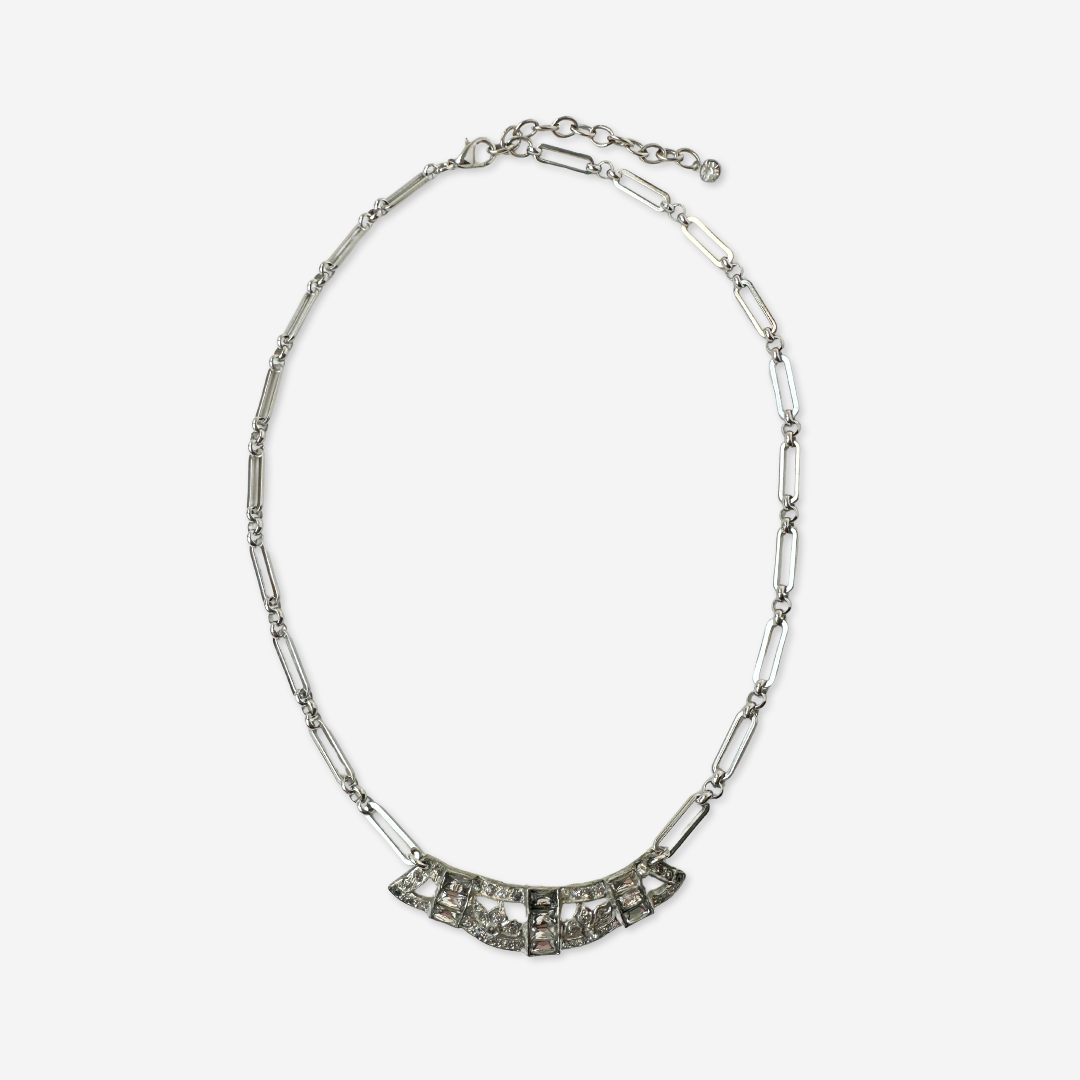 Vintage wide rhinestone pendant with silver plated oval link chain