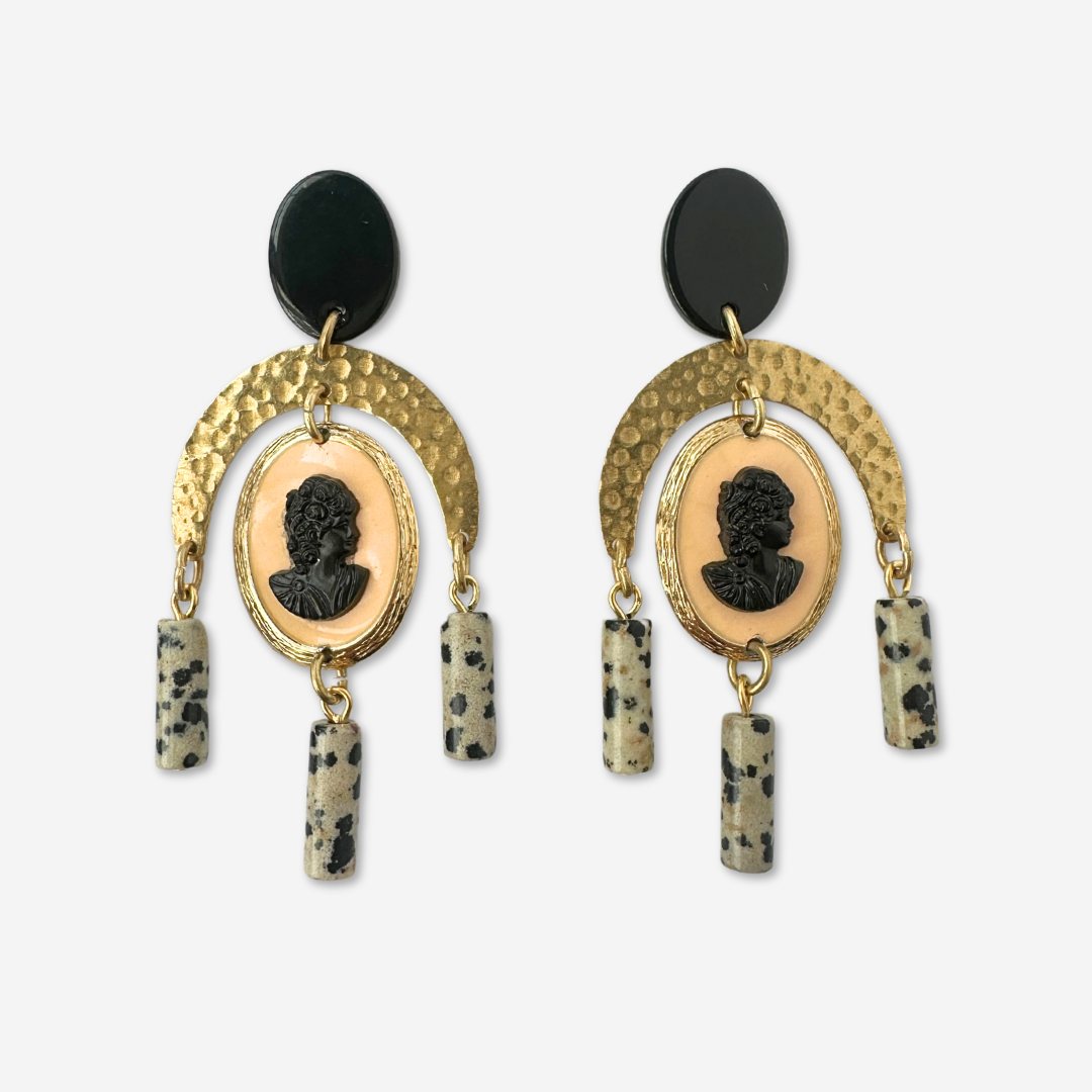 Peach and black refashioned vintage cameo statement earrings