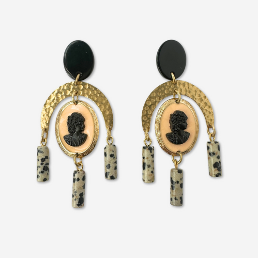 Peach and black refashioned vintage cameo statement earrings