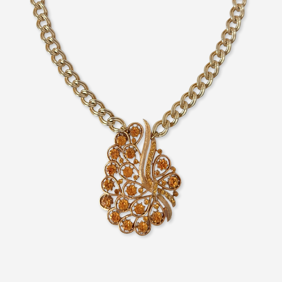 Refashioned Vintage large orange topaz rhinestone pendant necklace