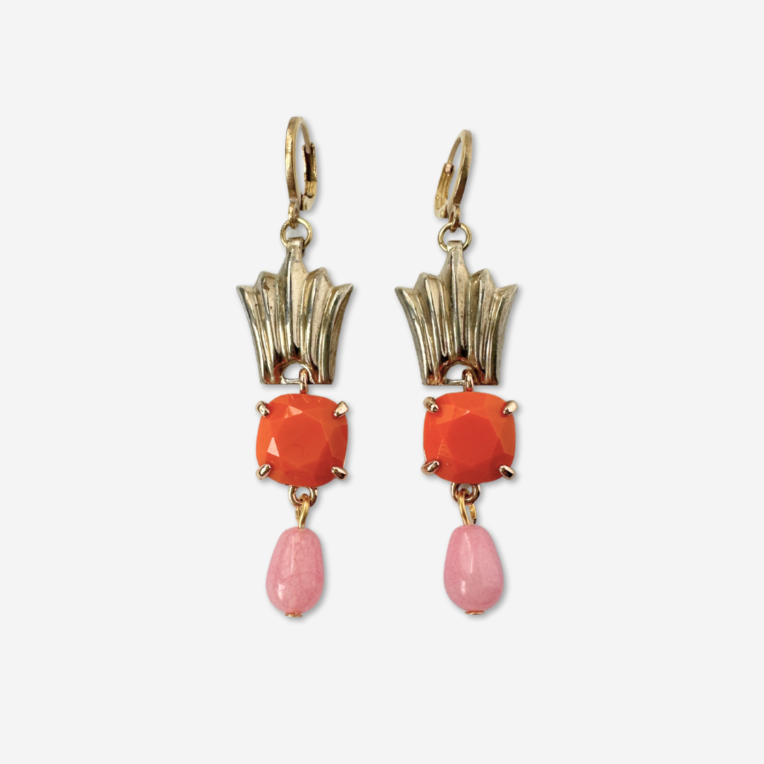 Orange and pink refashioned vintage fan drop earrings