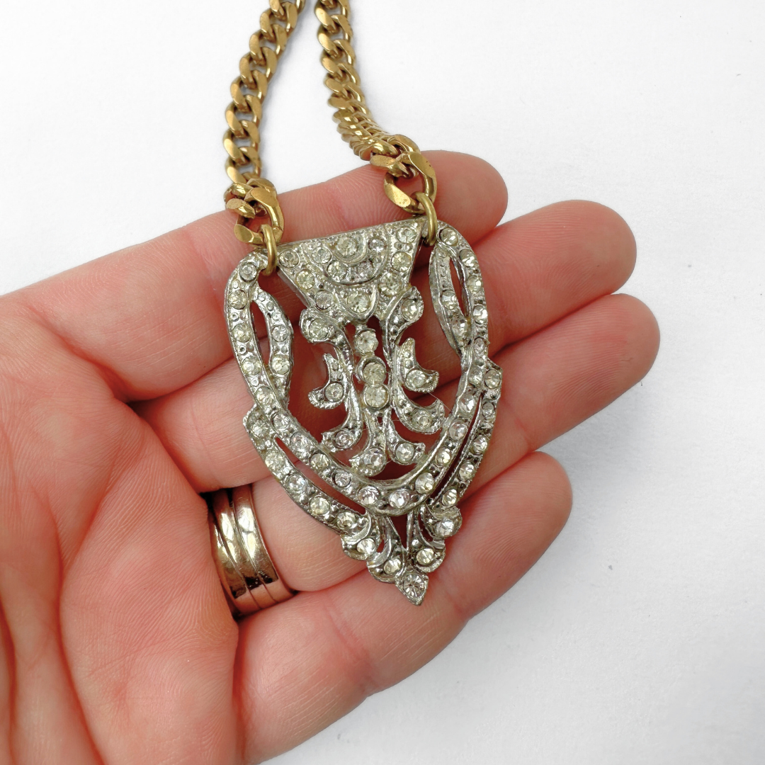 Refashioned vintage large rhinestone art deco pendant necklace