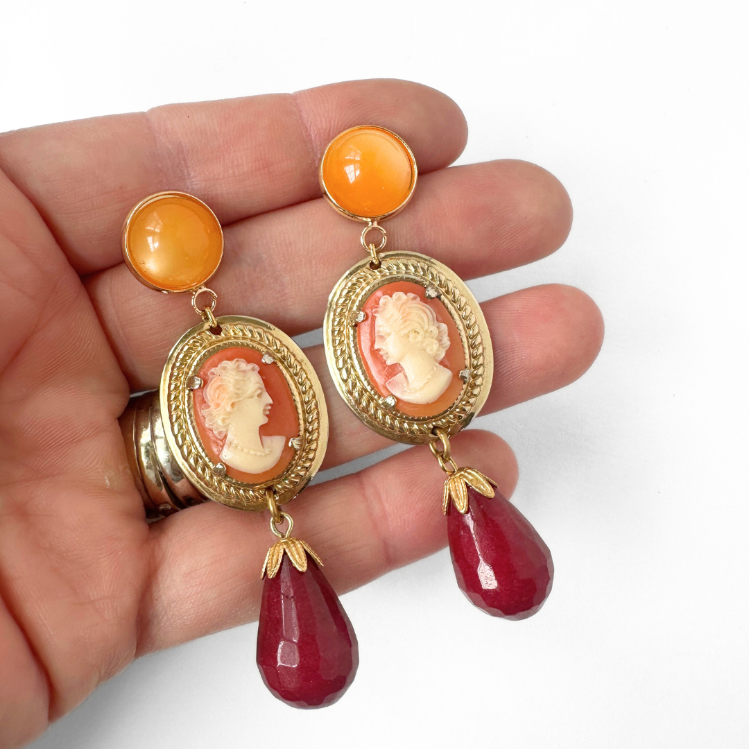 Large refashioned vintage coral cameo earrings with burgundy stone drops