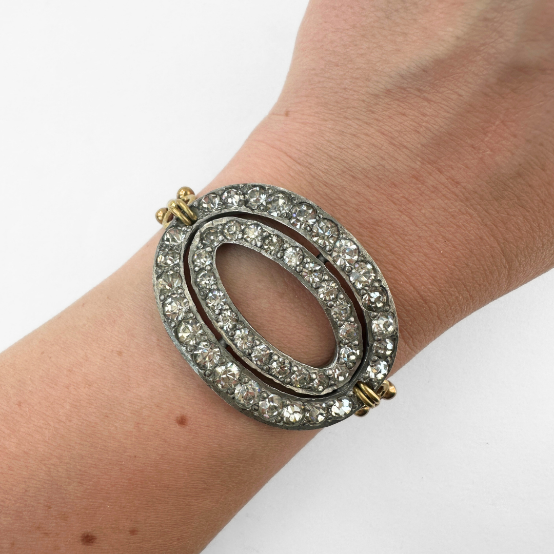 Refashioned Antique oval Rhinestone Shoe Buckle bracelet with brass chain