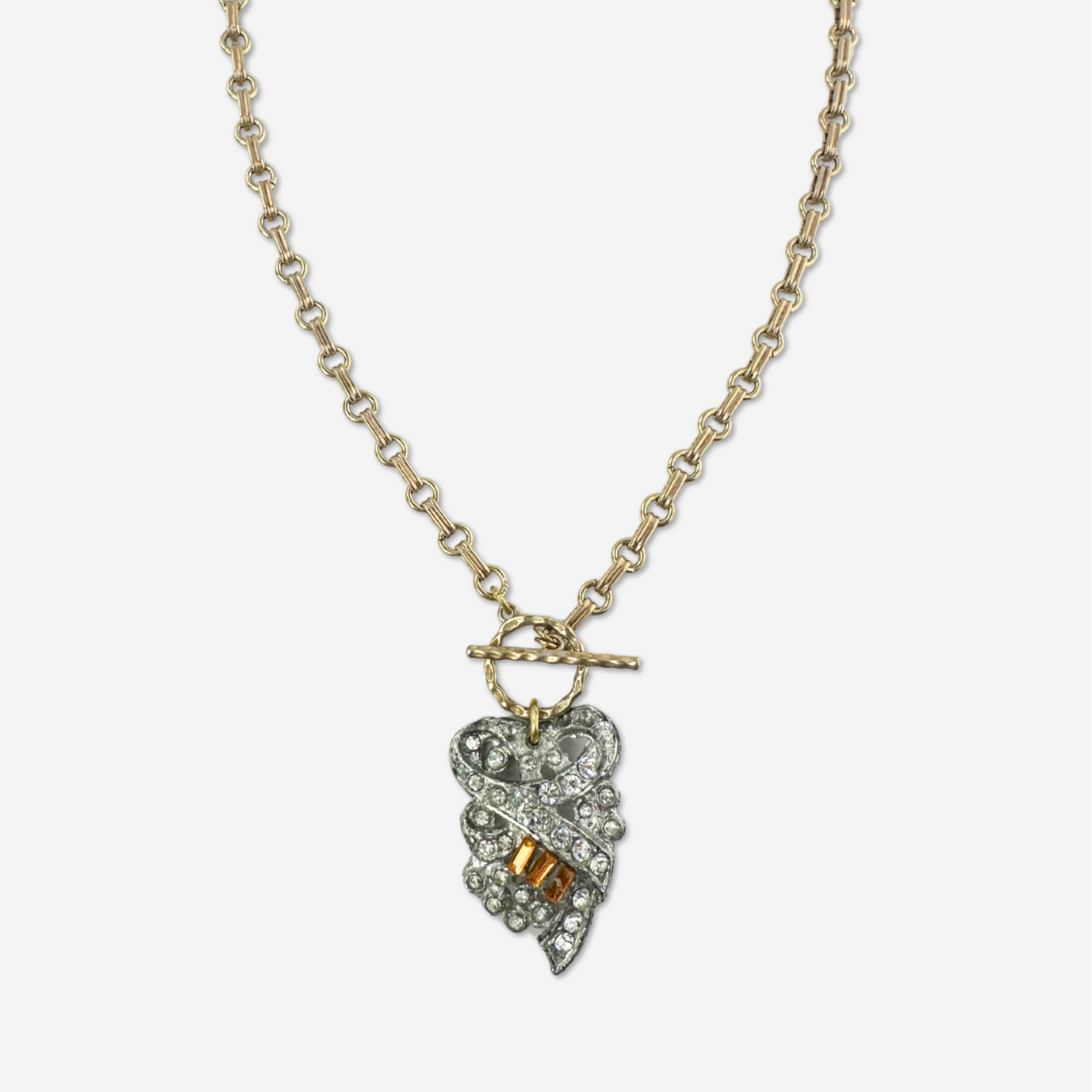 Vintage art deco rhinestone topaz rhinestone pendant with brass chain and toggle clasp
