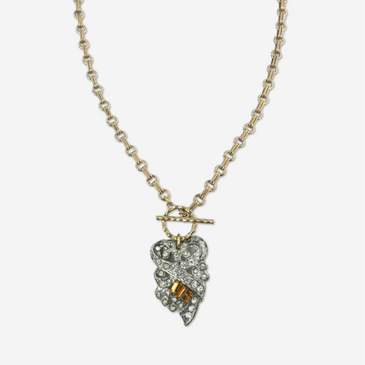 Vintage art deco rhinestone topaz rhinestone pendant with brass chain and toggle clasp