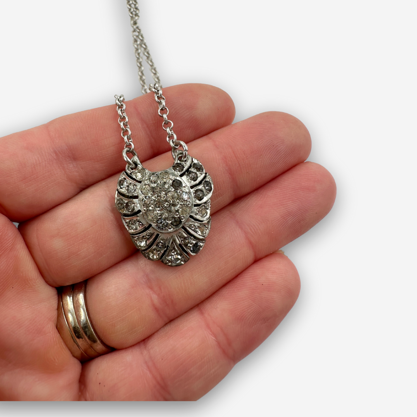 Small clear vintage rhinestone deco pendant on silver chain: choice