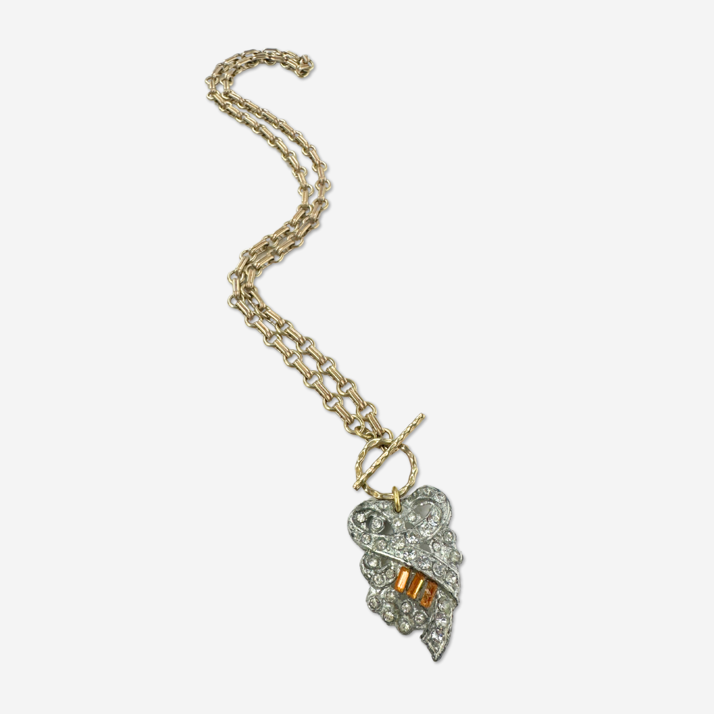 Vintage art deco rhinestone topaz rhinestone pendant with brass chain and toggle clasp