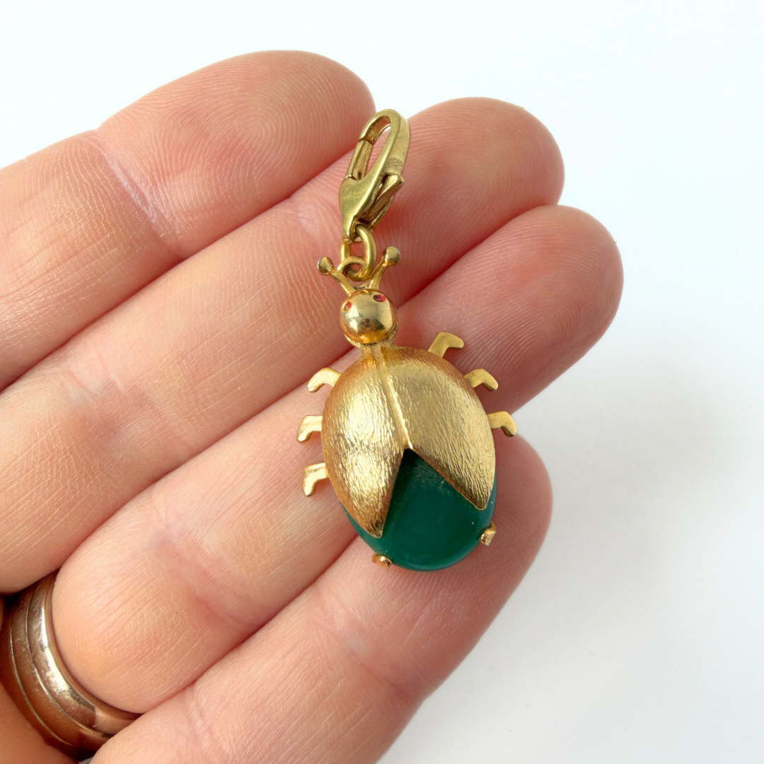 Refashioned vintage green and gold ladybug charm
