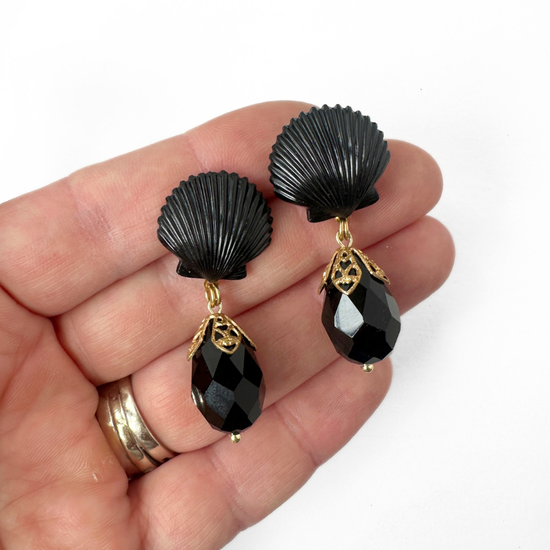 Refashioned vintage black shell teardrop earrings
